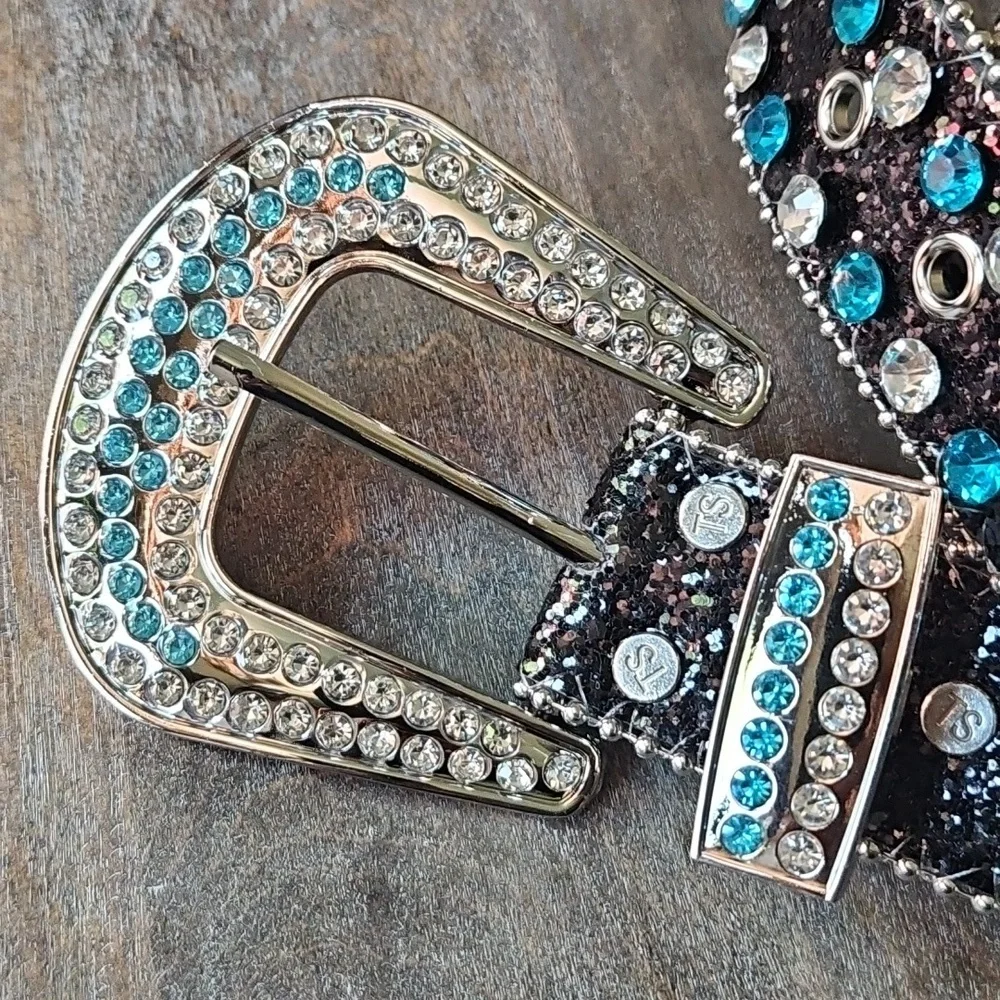 NWT Western Black Glitter and Turquoise Rhinestone Studded Belt